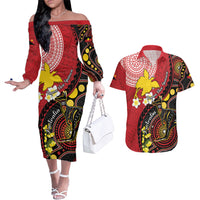 Papua New Guinea And Australia Aboriginal Couples Matching Off The Shoulder Long Sleeve Dress and Hawaiian Shirt Bird Of Paradise And Kangaroo Together LT05 Red - Polynesian Pride