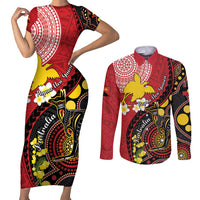 Papua New Guinea And Australia Aboriginal Couples Matching Short Sleeve Bodycon Dress and Long Sleeve Button Shirt Bird Of Paradise And Kangaroo Together LT05 Red - Polynesian Pride