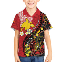 Papua New Guinea And Australia Aboriginal Family Matching Short Sleeve Bodycon Dress and Hawaiian Shirt Bird Of Paradise And Kangaroo Together LT05 Son's Shirt Red - Polynesian Pride