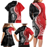 New Zealand Aotearoa Family Matching Long Sleeve Bodycon Dress and Hawaiian Shirt Kiwi Fern Maori Pattern Red Version LT05 - Polynesian Pride