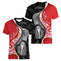 New Zealand Aotearoa Women V-Neck T-Shirt Kiwi Fern Maori Pattern Red Version