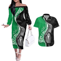 New Zealand Aotearoa Couples Matching Off The Shoulder Long Sleeve Dress and Hawaiian Shirt Kiwi Fern Maori Pattern Green Version LT05 Green - Polynesian Pride