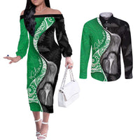 New Zealand Aotearoa Couples Matching Off The Shoulder Long Sleeve Dress and Long Sleeve Button Shirt Kiwi Fern Maori Pattern Green Version LT05 Green - Polynesian Pride