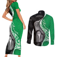 New Zealand Aotearoa Couples Matching Short Sleeve Bodycon Dress and Long Sleeve Button Shirt Kiwi Fern Maori Pattern Green Version LT05 - Polynesian Pride