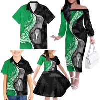 New Zealand Aotearoa Family Matching Off The Shoulder Long Sleeve Dress and Hawaiian Shirt Kiwi Fern Maori Pattern Green Version LT05 - Polynesian Pride