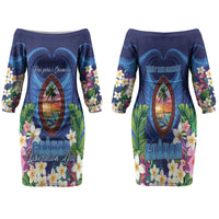 Guam Liberation Day Family Matching Off The Shoulder Long Sleeve Dress and Hawaiian Shirt Pas Para I Chamoru LT05 Mom's Dress Navy - Polynesian Pride