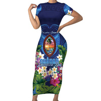 Guam Liberation Day Short Sleeve Bodycon Dress Pas Para I Chamoru LT05 Long Dress Navy - Polynesian Pride