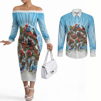New Zealand Birds Christmas Couples Matching Off The Shoulder Long Sleeve Dress and Long Sleeve Button Shirt Pohutukawa Xmas Tree