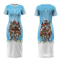 New Zealand Birds Christmas Couples Matching Short Sleeve Bodycon Dress and Long Sleeve Button Shirt Pohutukawa Xmas Tree