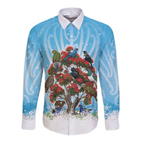 New Zealand Birds Christmas Long Sleeve Button Shirt Pohutukawa Xmas Tree LT05 Unisex Blue - Polynesian Pride