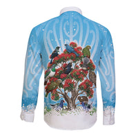 New Zealand Birds Christmas Long Sleeve Button Shirt Pohutukawa Xmas Tree LT05 - Polynesian Pride