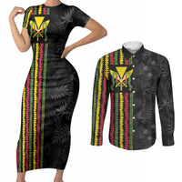 Hawaii Lei Kanaka Maoli Flag Couples Matching Short Sleeve Bodycon Dress and Long Sleeve Button Shirt Tropical Vibes LT05 Black - Polynesian Pride