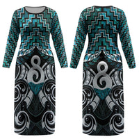 New Zealand Maori Couples Matching Long Sleeve Bodycon Dress and Long Sleeve Button Shirt Poutama Pikorua - Single Twist Paua Shell
