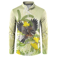 New Zealand Piwakawaka Fantail Bird Button Sweatshirt With Kowhai Flowers