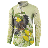 New Zealand Piwakawaka Fantail Bird Button Sweatshirt With Kowhai Flowers