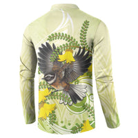 New Zealand Piwakawaka Fantail Bird Button Sweatshirt With Kowhai Flowers