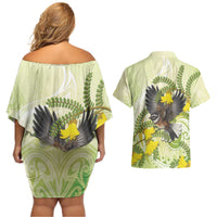 New Zealand Piwakawaka Fantail Bird Couples Matching Off Shoulder Short Dress and Hawaiian Shirt With Kowhai Flowers LT05 - Polynesian Pride