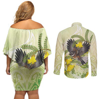 New Zealand Piwakawaka Fantail Bird Couples Matching Off Shoulder Short Dress and Long Sleeve Button Shirt With Kowhai Flowers LT05 - Polynesian Pride