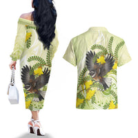 New Zealand Piwakawaka Fantail Bird Couples Matching Off The Shoulder Long Sleeve Dress and Hawaiian Shirt With Kowhai Flowers LT05 - Polynesian Pride