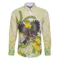New Zealand Piwakawaka Fantail Bird Family Matching Long Sleeve Bodycon Dress and Hawaiian Shirt With Kowhai Flowers LT05 Dad's Shirt - Long Sleeve Green - Polynesian Pride