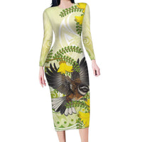 New Zealand Piwakawaka Fantail Bird Family Matching Long Sleeve Bodycon Dress and Hawaiian Shirt With Kowhai Flowers LT05 Mom's Dress Green - Polynesian Pride