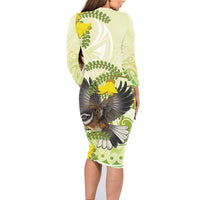 New Zealand Piwakawaka Fantail Bird Family Matching Long Sleeve Bodycon Dress and Hawaiian Shirt With Kowhai Flowers LT05 - Polynesian Pride