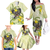 New Zealand Piwakawaka Fantail Bird Family Matching Off The Shoulder Long Sleeve Dress and Hawaiian Shirt With Kowhai Flowers LT05 - Polynesian Pride