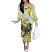 New Zealand Piwakawaka Fantail Bird Family Matching Off The Shoulder Long Sleeve Dress and Hawaiian Shirt With Kowhai Flowers LT05 Mom's Dress Green - Polynesian Pride