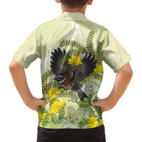 New Zealand Piwakawaka Fantail Bird Family Matching Off Shoulder Short Dress and Hawaiian Shirt With Kowhai Flowers LT05 - Polynesian Pride