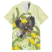New Zealand Piwakawaka Fantail Bird Family Matching Puletasi and Hawaiian Shirt With Kowhai Flowers LT05 Dad's Shirt - Short Sleeve Green - Polynesian Pride