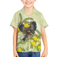 New Zealand Piwakawaka Fantail Bird Family Matching Short Sleeve Bodycon Dress and Hawaiian Shirt With Kowhai Flowers LT05 Son's Shirt Green - Polynesian Pride