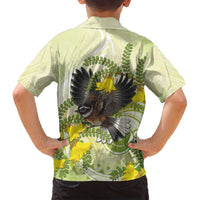 New Zealand Piwakawaka Fantail Bird Family Matching Tank Maxi Dress and Hawaiian Shirt With Kowhai Flowers LT05 - Polynesian Pride