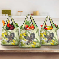 New Zealand Piwakawaka Fantail Bird Grocery Bag With Kowhai Flowers LT05 3-pack One Size Green - Polynesian Pride