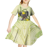 New Zealand Piwakawaka Fantail Bird Kid Short Sleeve Dress With Kowhai Flowers LT05 - Polynesian Pride