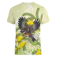 New Zealand Piwakawaka Fantail Bird Women V-Neck T-Shirt With Kowhai Flowers