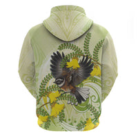 New Zealand Piwakawaka Fantail Bird Zip Hoodie With Kowhai Flowers LT05 - Polynesian Pride