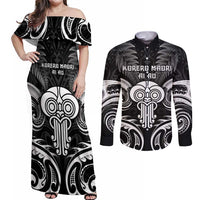 New Zealand Te Reo Maori Couples Matching Off Shoulder Maxi Dress and Long Sleeve Button Shirt Korero Maori Ai Au LT05 Black - Polynesian Pride
