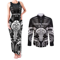 New Zealand Te Reo Maori Couples Matching Tank Maxi Dress and Long Sleeve Button Shirt Korero Maori Ai Au LT05 Black - Polynesian Pride