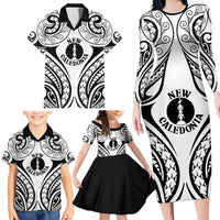 New Caledonia Day Family Matching Long Sleeve Bodycon Dress and Hawaiian Shirt Polynesian Curves White Color LT05 - Polynesian Pride