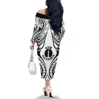New Caledonia Day Family Matching Off The Shoulder Long Sleeve Dress and Hawaiian Shirt Polynesian Curves White Color LT05 - Polynesian Pride