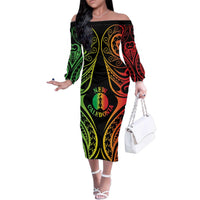 New Caledonia Day Family Matching Off The Shoulder Long Sleeve Dress and Hawaiian Shirt Polynesian Curves Reggae Color LT05 Mom's Dress Reggae - Polynesian Pride