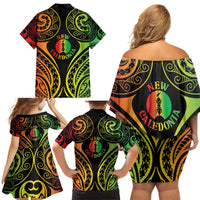 New Caledonia Day Family Matching Off Shoulder Short Dress and Hawaiian Shirt Polynesian Curves Reggae Color LT05 - Polynesian Pride
