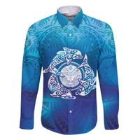 Marshall Islands Manit Day Family Matching Off The Shoulder Long Sleeve Dress and Hawaiian Shirt Tribal Dolphin With Marshall Seal LT05 Dad's Shirt - Long Sleeve Blue - Polynesian Pride