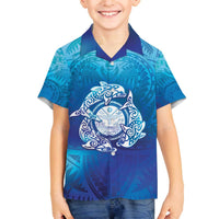 Marshall Islands Manit Day Family Matching Off The Shoulder Long Sleeve Dress and Hawaiian Shirt Tribal Dolphin With Marshall Seal LT05 Son's Shirt Blue - Polynesian Pride