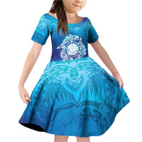 Marshall Islands Manit Day Family Matching Off Shoulder Short Dress and Hawaiian Shirt Tribal Dolphin With Marshall Seal LT05 Daughter's Dress Blue - Polynesian Pride