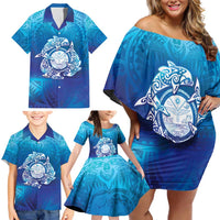 Marshall Islands Manit Day Family Matching Off Shoulder Short Dress and Hawaiian Shirt Tribal Dolphin With Marshall Seal LT05 - Polynesian Pride