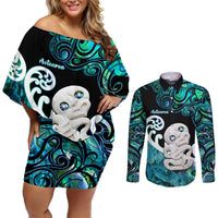 Personalized Aotearoa New Zealand Couples Matching Off Shoulder Short Dress and Long Sleeve Button Shirts Paua Shell Fern Koru With Maori Hei Tiki LT05 Green - Polynesian Pride