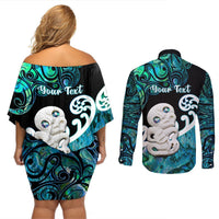 Personalized Aotearoa New Zealand Couples Matching Off Shoulder Short Dress and Long Sleeve Button Shirts Paua Shell Fern Koru With Maori Hei Tiki LT05 - Polynesian Pride