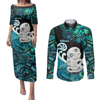 Personalized Aotearoa New Zealand Couples Matching Puletasi Dress and Long Sleeve Button Shirts Paua Shell Fern Koru With Maori Hei Tiki LT05 Green - Polynesian Pride