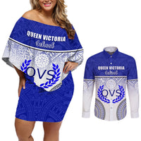 Personalized Queen Victoria School Couples Matching Off Shoulder Short Dress and Long Sleeve Button Shirts With Fijian Tapa Pattern LT05 Blue - Polynesian Pride